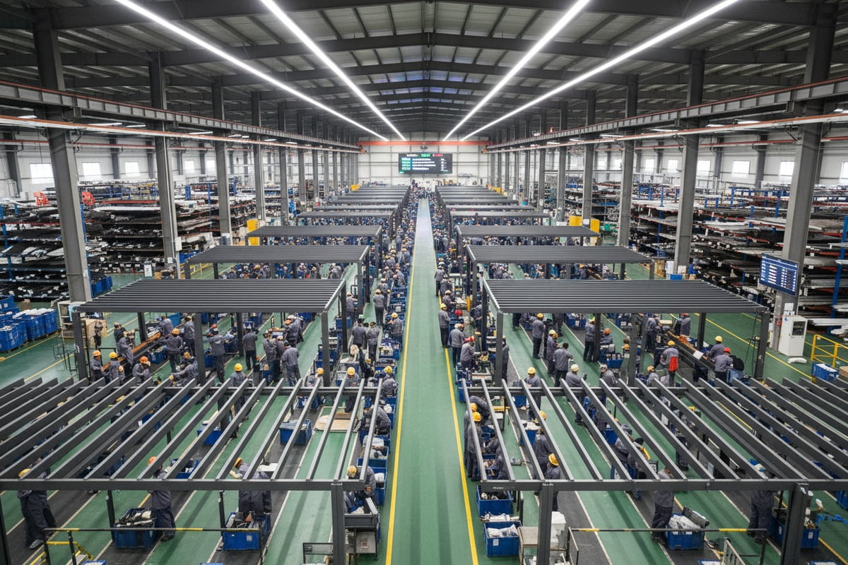 Large scale factory floor area showing high volume aluminum pergola production capacity (ID#2)