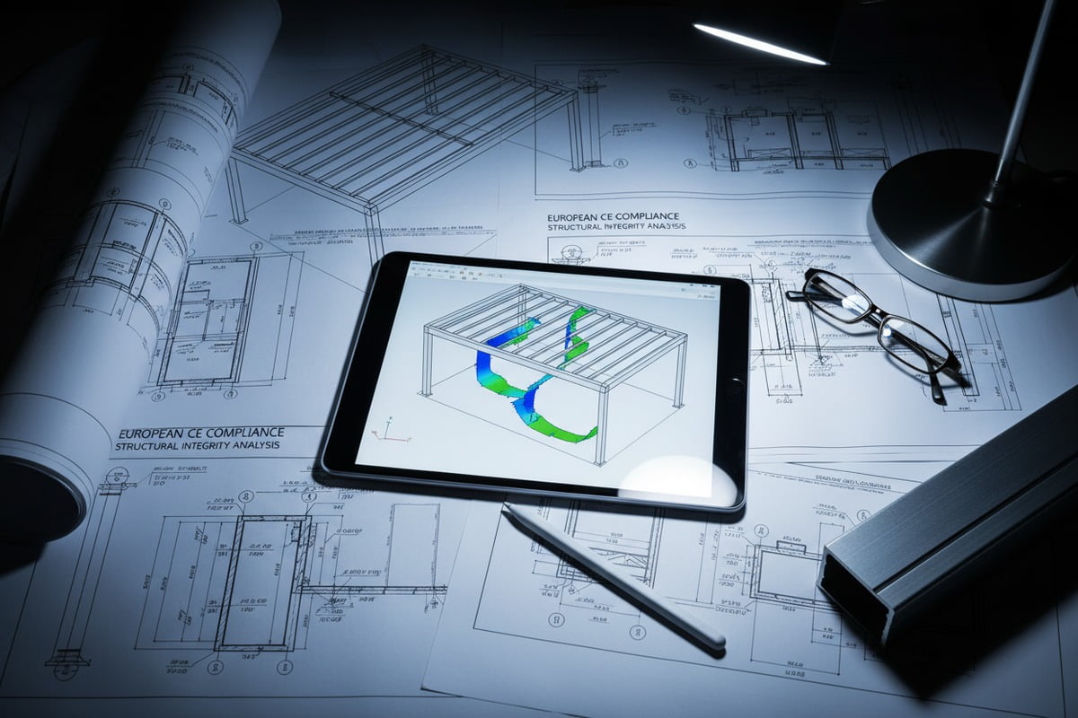 Technical files and structural load test reports for aluminum pergola CE compliance (ID#3)