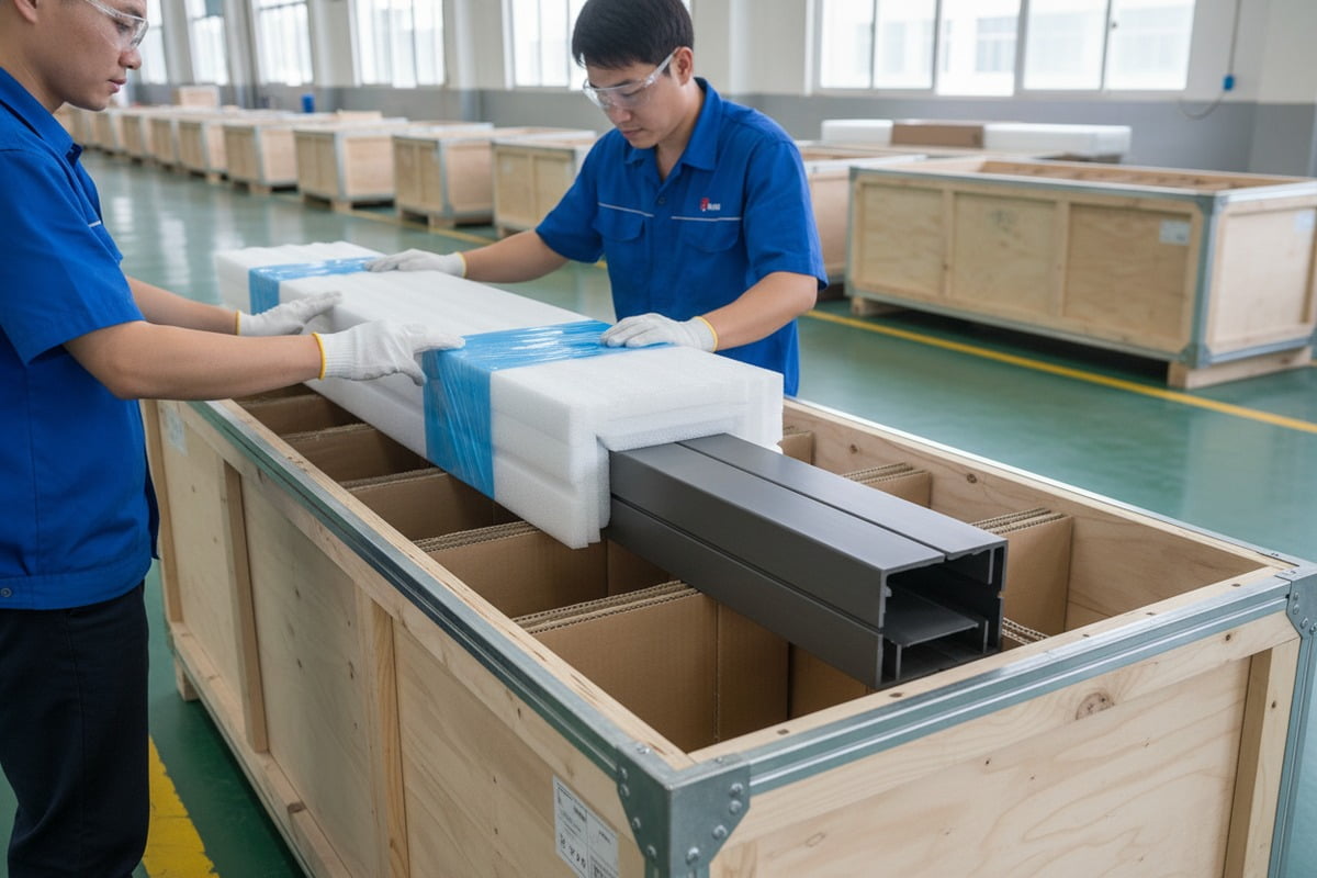 Protective packaging for aluminum pergola profiles using foam guards and plywood crating for shipping (ID#3)