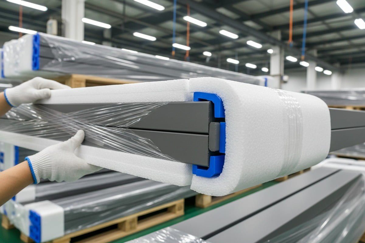 Protective EPE foam and corner protectors for aluminum profiles during sea freight shipping (ID#2)
