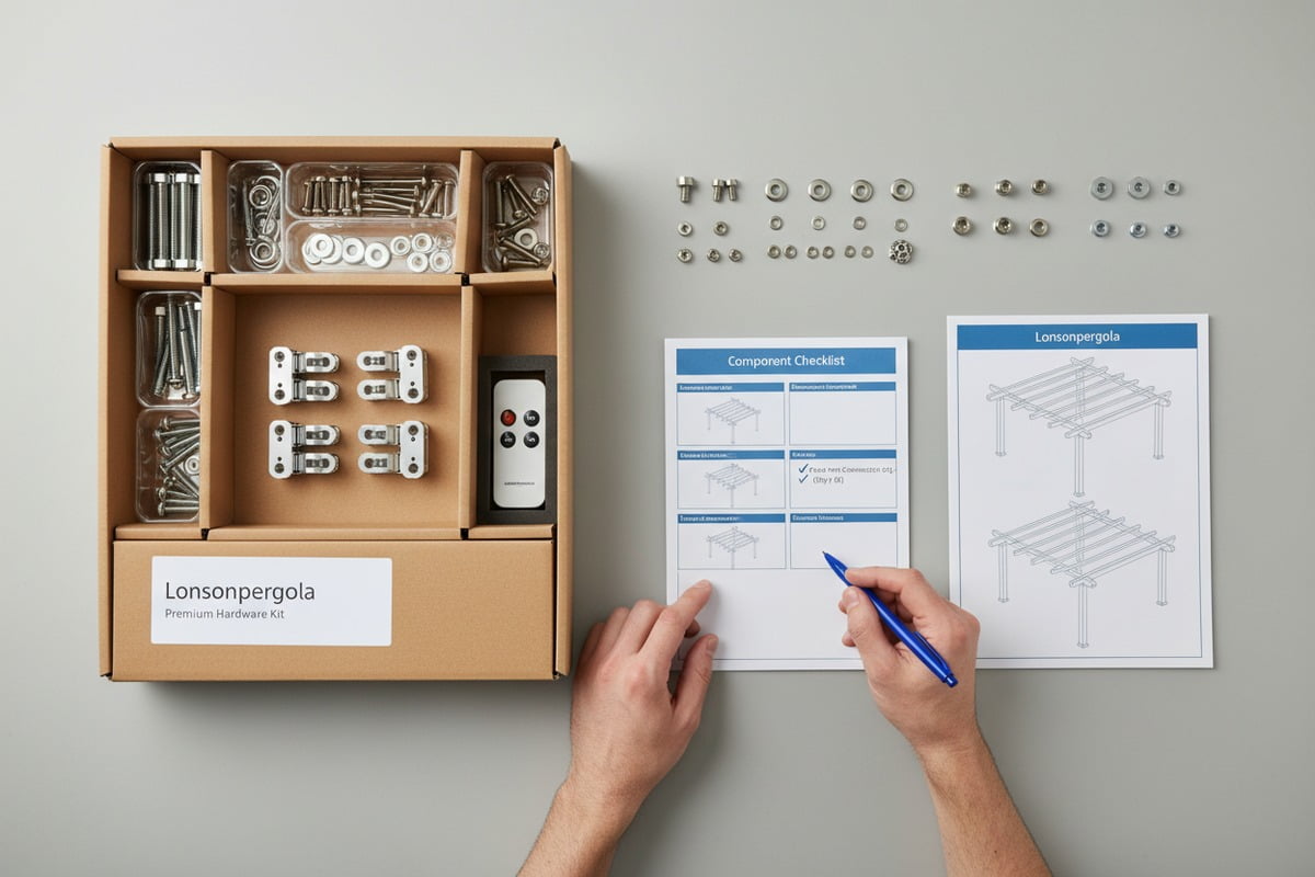 Detailed photo-illustrated packing list and barcoded hardware bags for pergola component verification (ID#3)