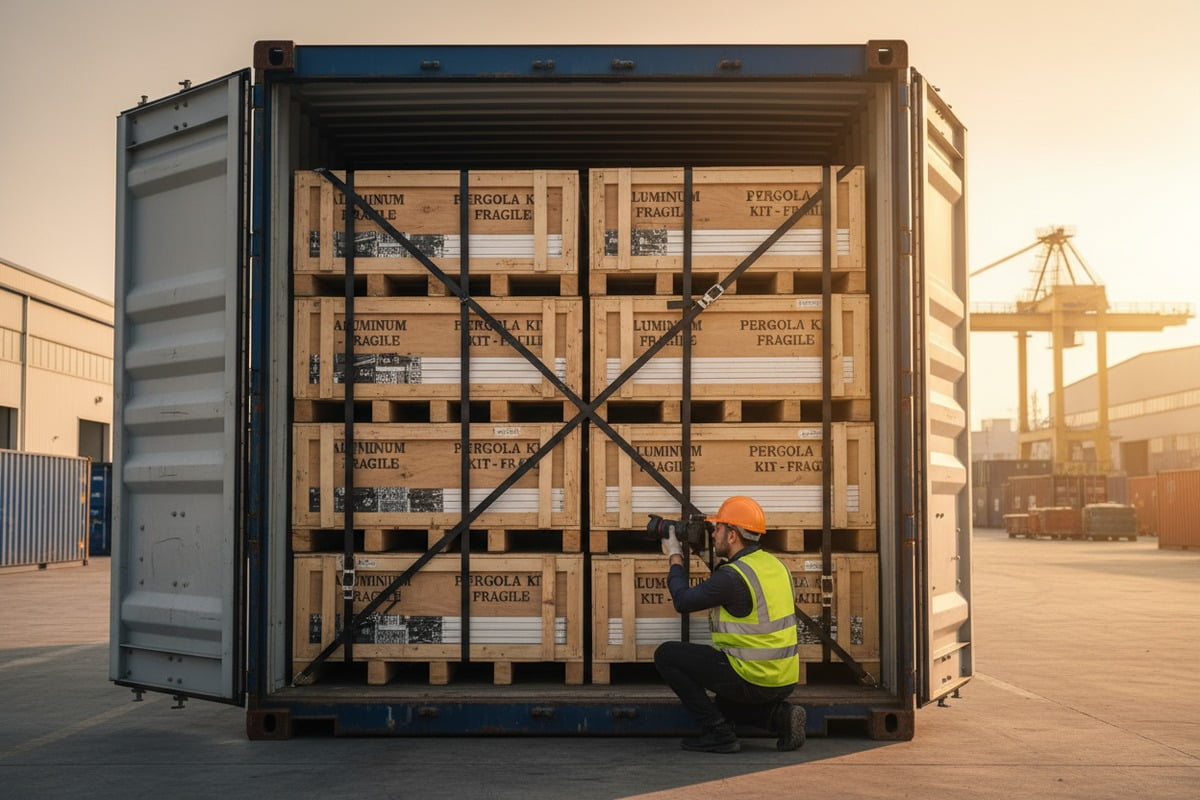 Container loading plan with bracing and airbags to ensure cargo stability during transport (ID#5)