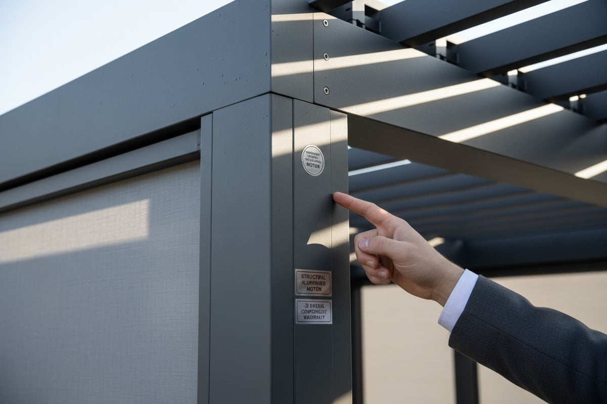 Aluminum pergola warranty durations for structural frames powder coating and motor components (ID#2)