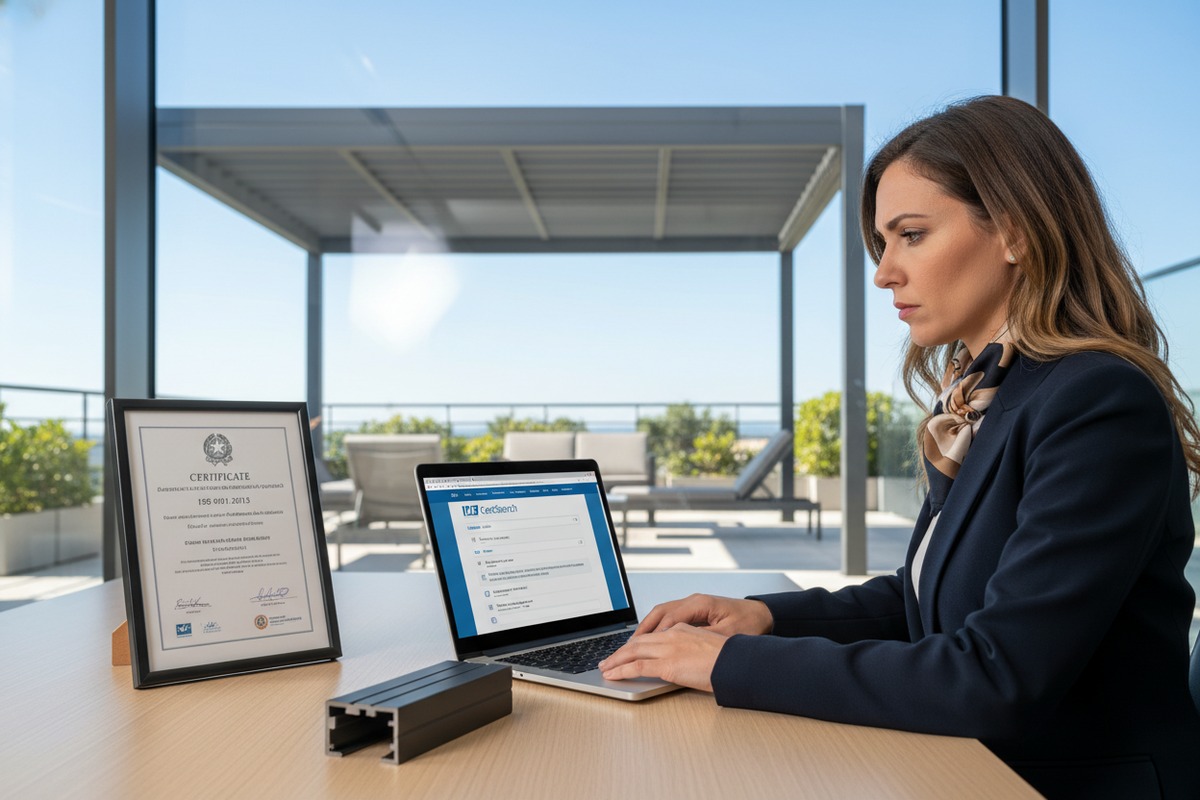 Verifying a supplier's ISO 9001 certification for sourcing high-quality aluminum pergolas (ID#1)