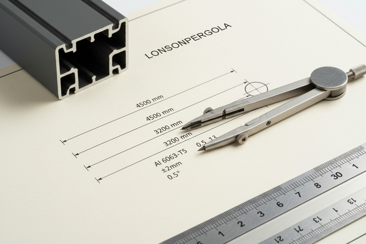 Interpreting technical symbols, dimensions, and material codes on aluminum pergola blueprints (ID#2)