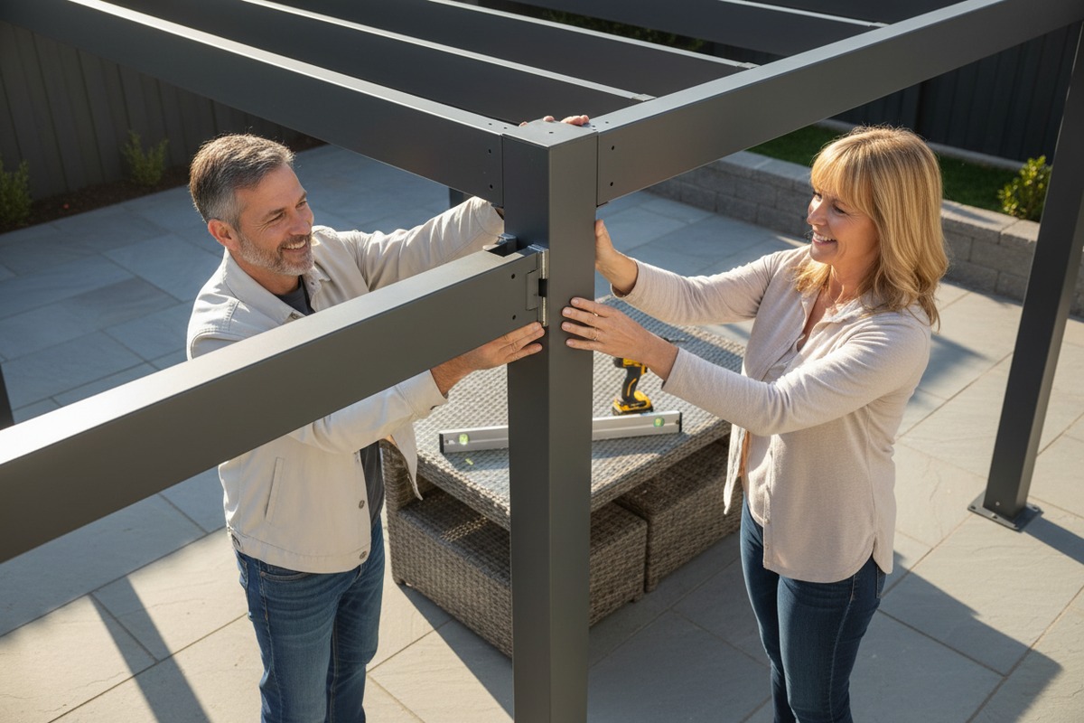 Modular pergola design features including slide-in beams and snap-fit connectors for easy assembly (ID#3)
