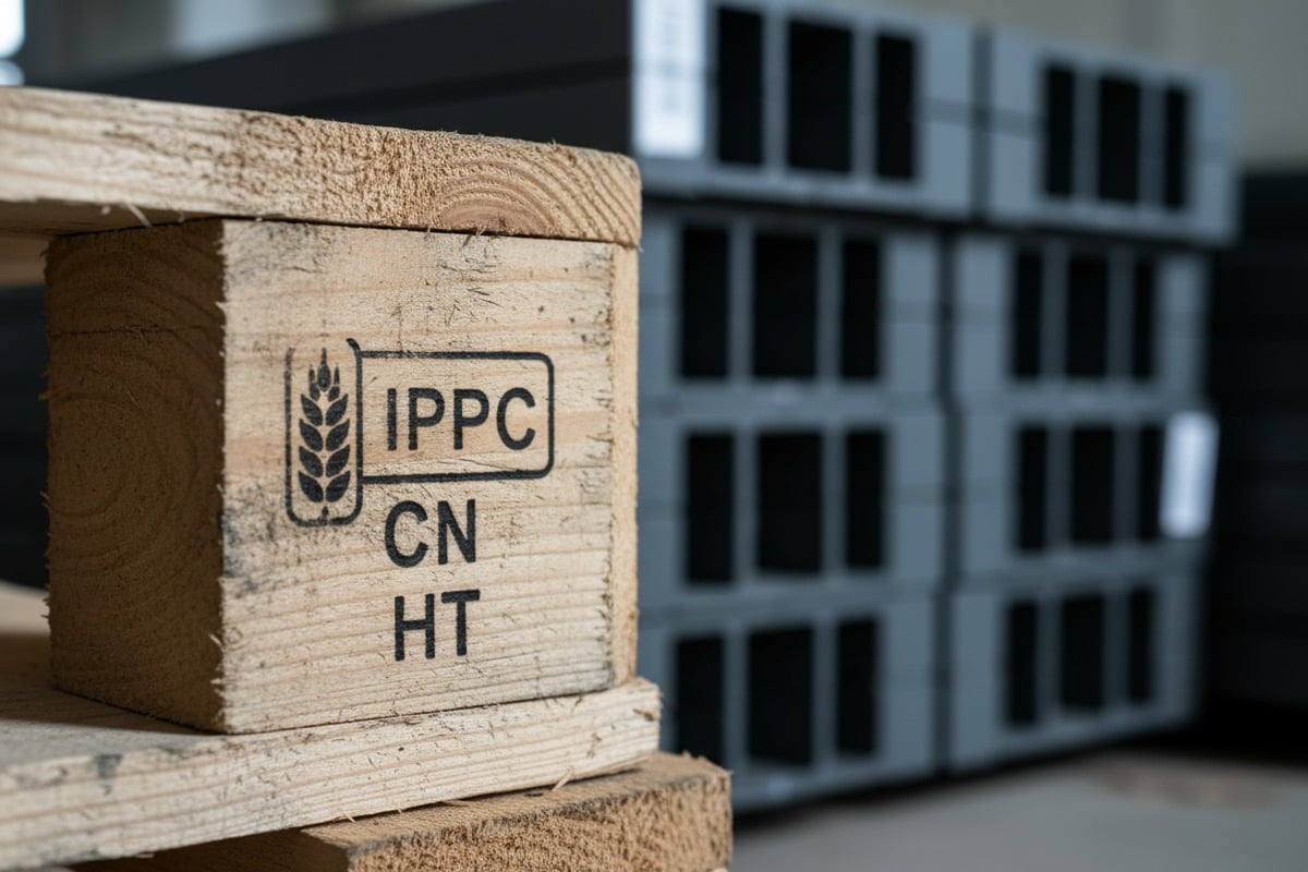 Official ISPM 15 mark with IPPC logo and HT treatment code on wooden crates (ID#2)