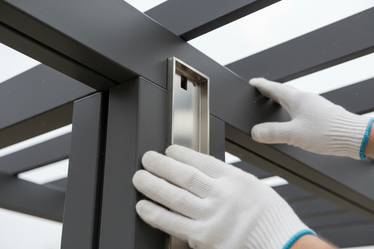Durable pergola connectors using stainless steel and protective coatings to prevent galvanic corrosion. (ID#3)