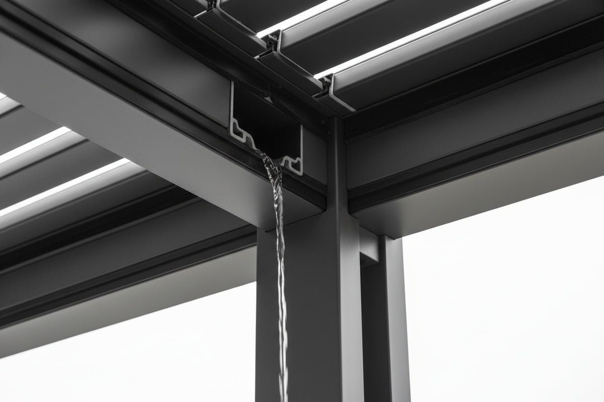 Internal drainage design features ensuring zero leakage during heavy rain for pergolas (ID#3)