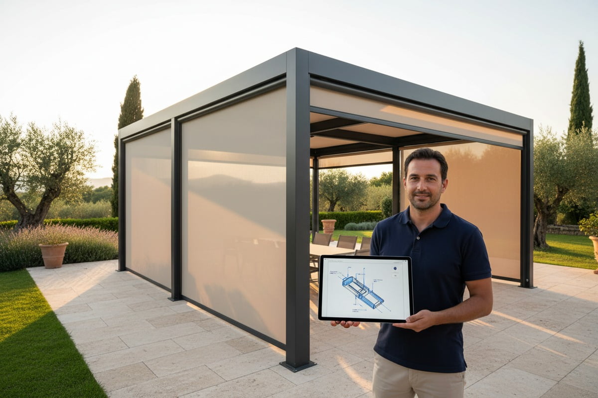 Motorized shades and side curtains installed on a modern aluminum pergola structure (ID#1)