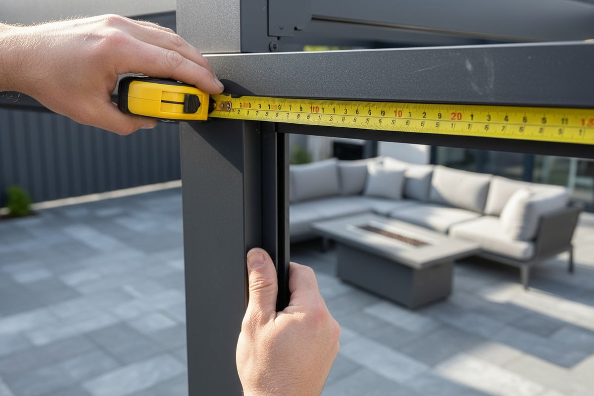 Measuring an aluminum pergola frame for precise motorized shade and curtain installation (ID#2)