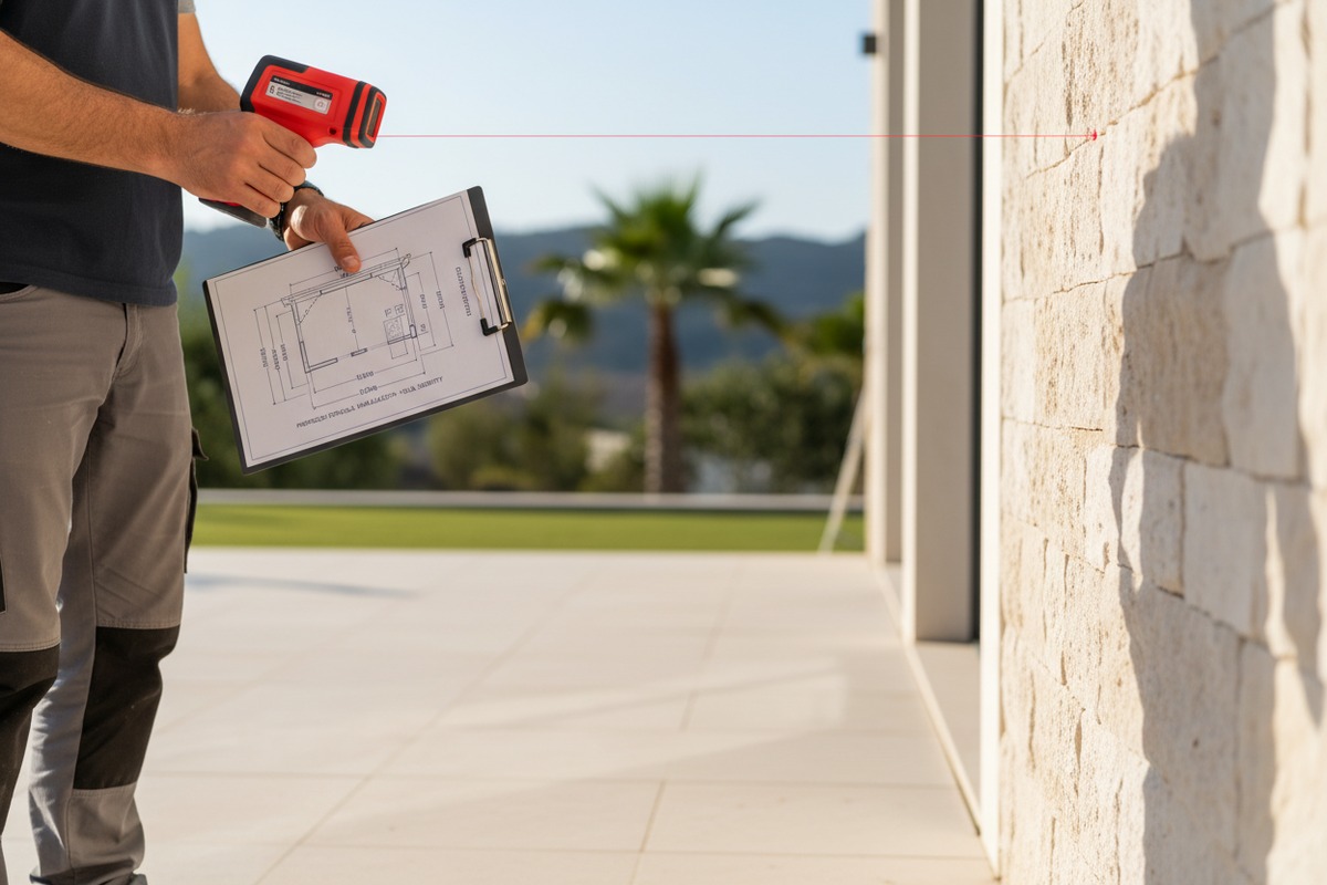 Professional using laser measure for accurate custom aluminum pergola technical drawings and measurements (ID#2)