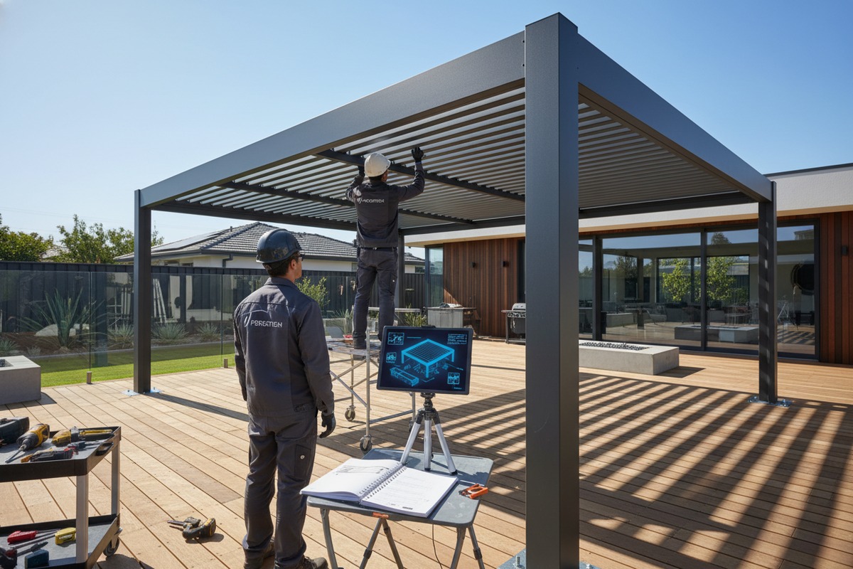 Professional 3D installation video guide showing step-by-step assembly of an aluminum pergola system (ID#5)