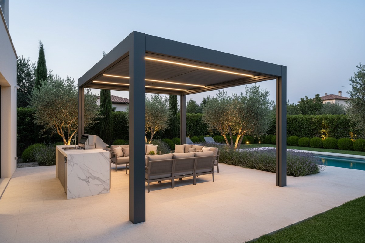 Modern aluminium pergola design features popular among European homeowners for outdoor living (ID#1)