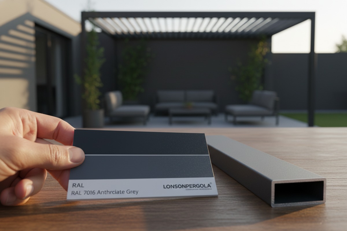 Trending Pergola Color Finishes Trending RAL 7016 anthracite grey and wood-grain finishes for aluminium pergola customization (ID#3)