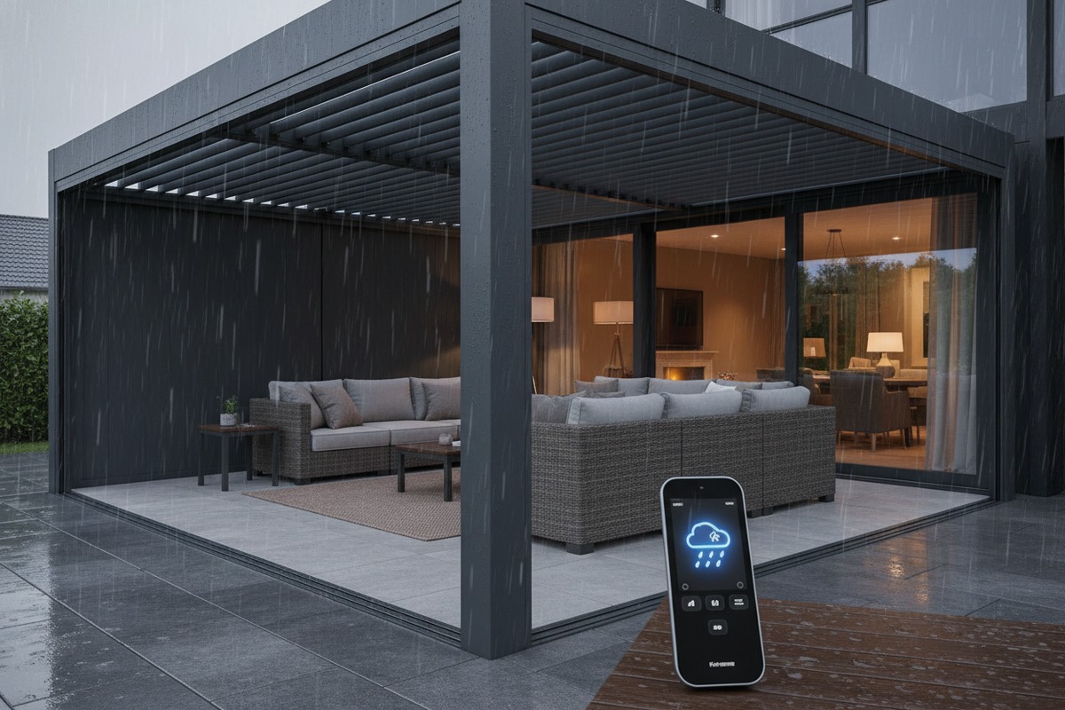 Smart Pergola Zip Blinds Aluminium pergola with integrated zip blinds and smart sensors for year-round outdoor use (ID#4)