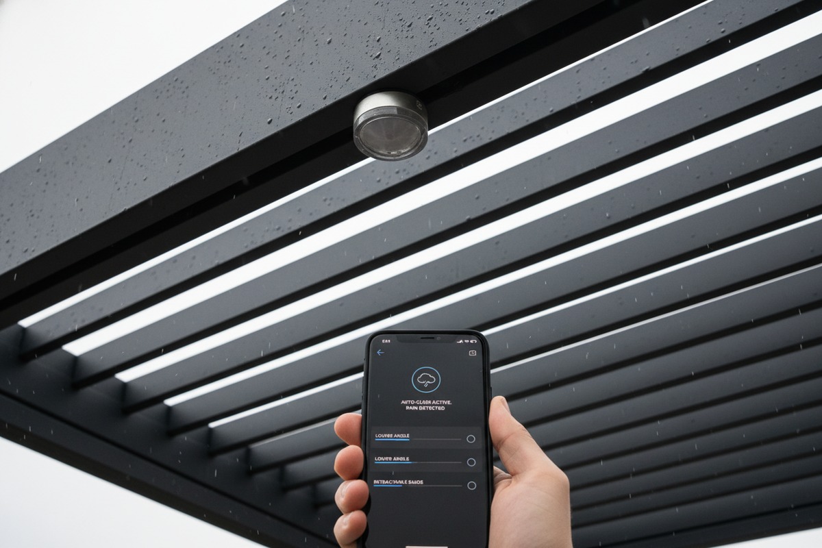 Smart automation features including weather sensors and smartphone control for user-friendly motorized pergolas (ID#3)