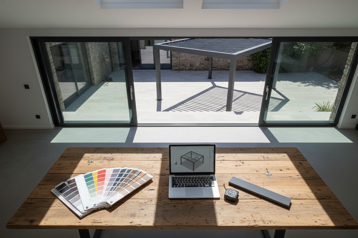Custom RAL color aluminum pergola designed to fit specific architectural requirements and terrace sizes (ID#3)