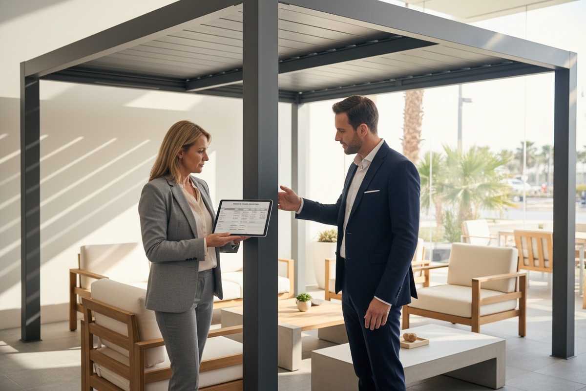 Distributors promoting key selling points of modern aluminum pergolas to quality-conscious clients (ID#1)