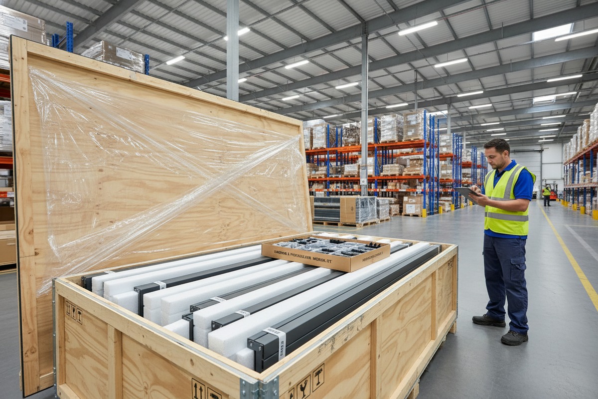 Reinforced plywood crates and EPE foam packaging protecting aluminum pergola components during shipping (ID#4)