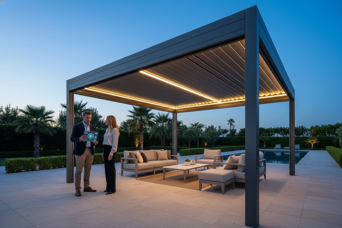 High-end aluminum pergola features designed to attract luxury residential and commercial customers (ID#1)