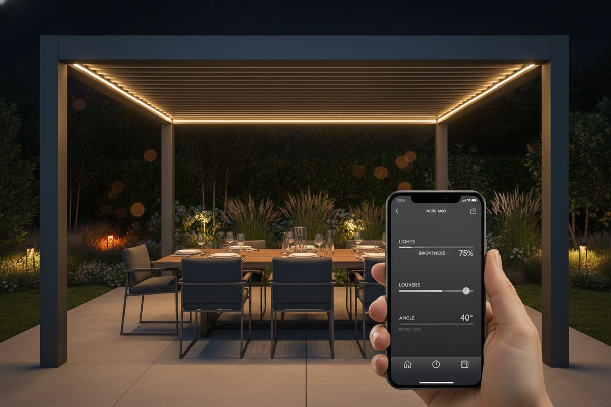 Smart Motorized Pergola Features Smart motorized louvered roof with zip blinds and integrated LED lighting for premium outdoor living (ID#4)