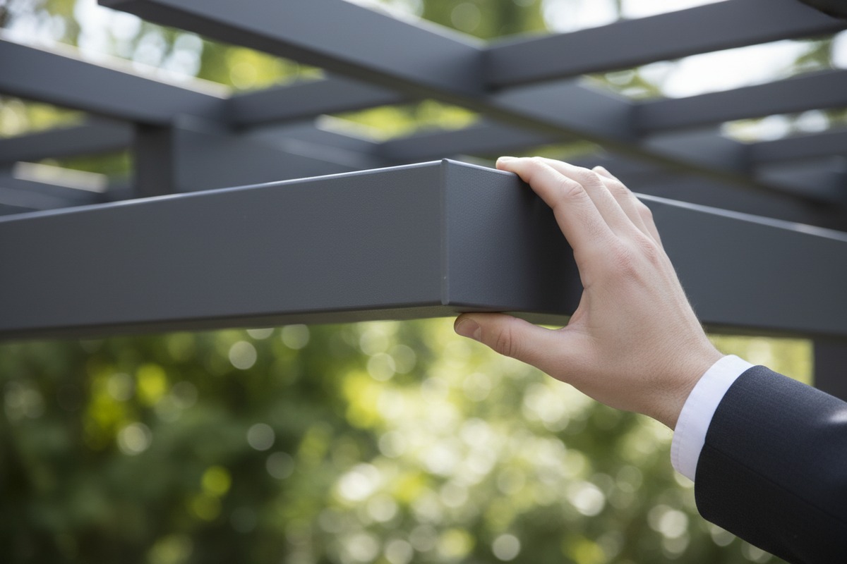 High-End Powder Coating Finishes Matte charcoal powder coating finish on aluminum pergola for a high-end look (ID#2)