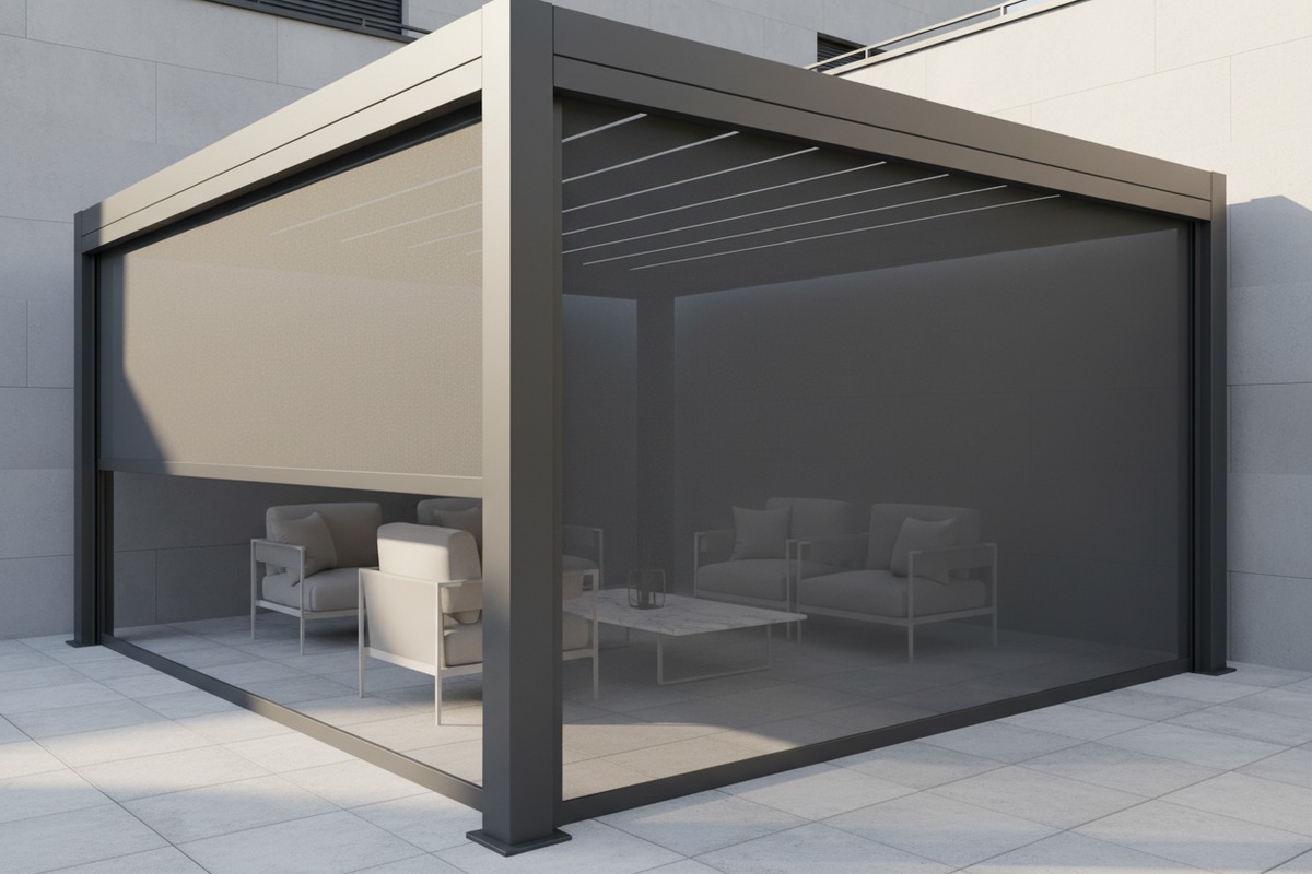 Integrated Lighting and Blinds Integrated LED lighting and zip blind guide rails within minimalist pergola profiles (ID#4)