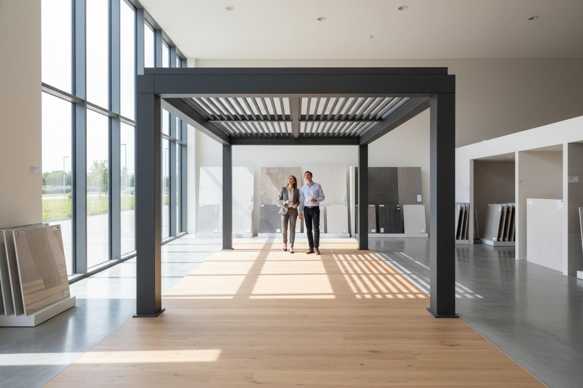 Aluminum pergola centerpiece in a lifestyle vignette showroom layout for better customer engagement (ID#2)