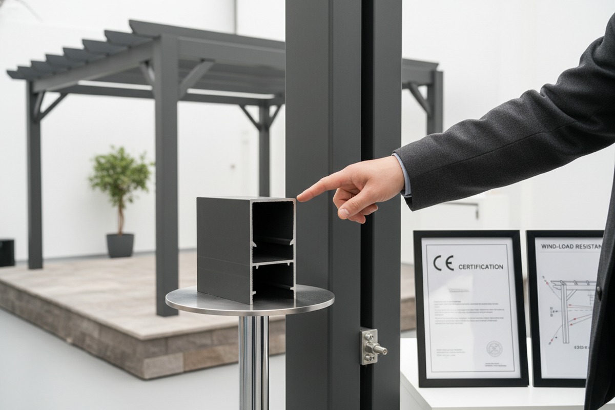 Demonstrating aluminum pergola durability and material thickness to prove structural wind resistance (ID#3)