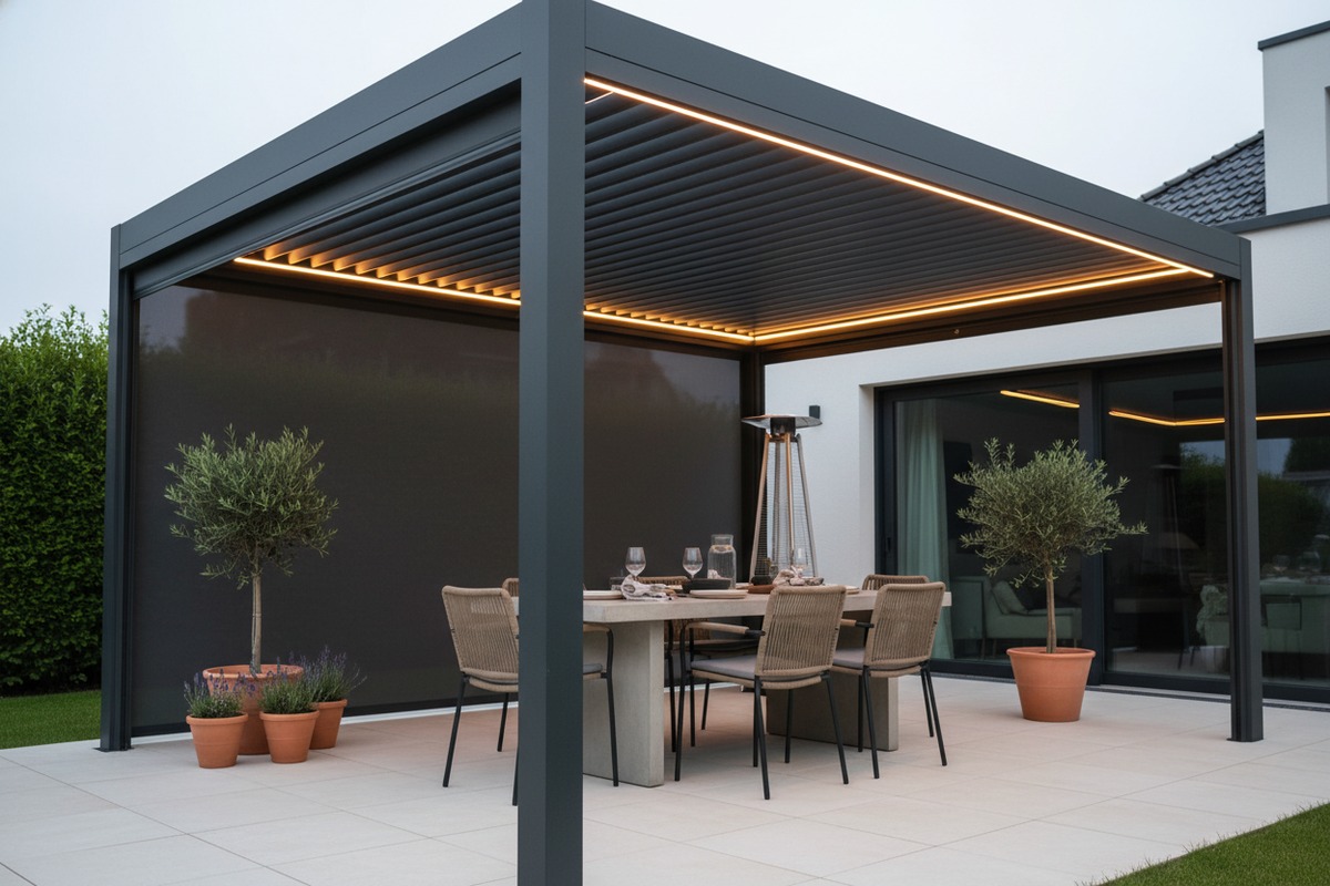 Live demonstration of motorized zip blinds and louver functions on an aluminum pergola (ID#4)