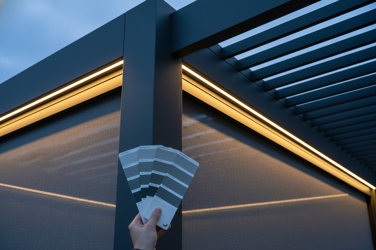 Custom aluminum pergola options including RAL colors and integrated accessories for brand differentiation (ID#3)