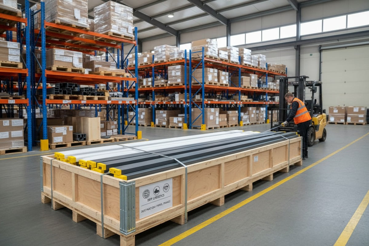 Secure DDP shipping with foam-lined crates and profile separators for damage-free pergola delivery (ID#4)
