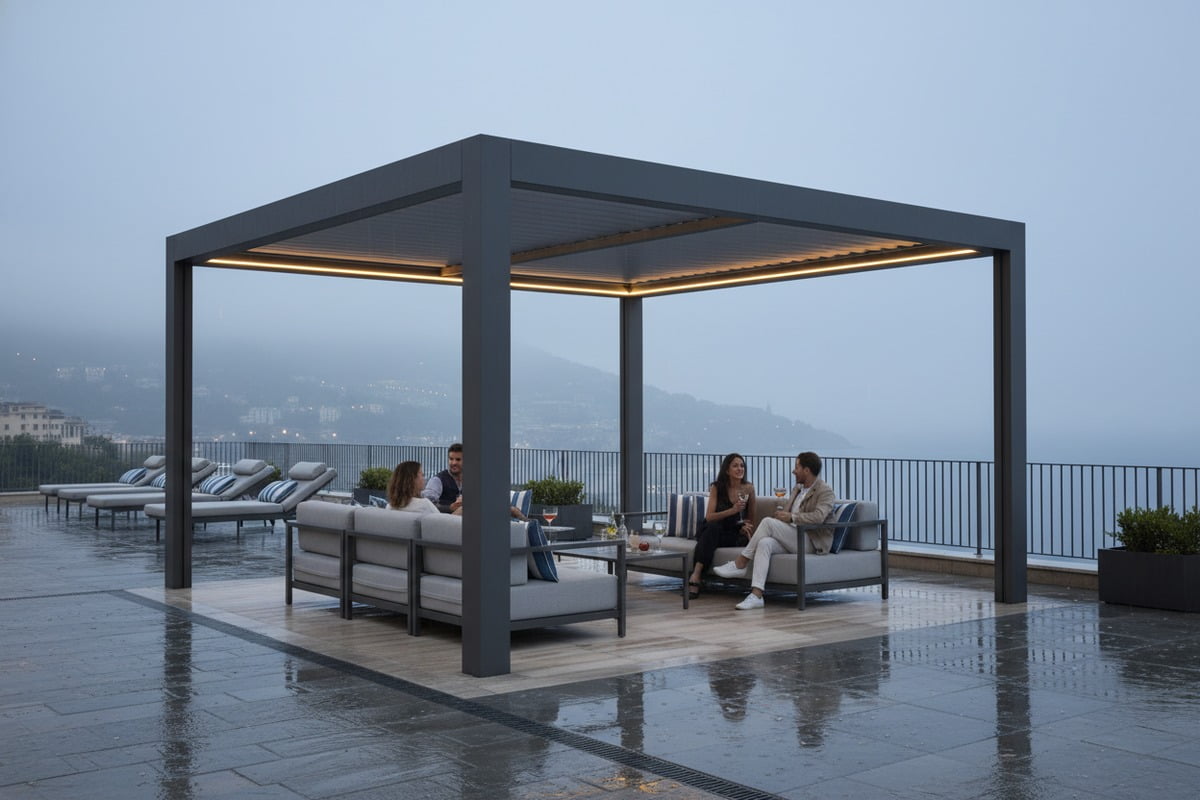 Modern aluminum pergola installed in a hotel outdoor dining area (ID#1)