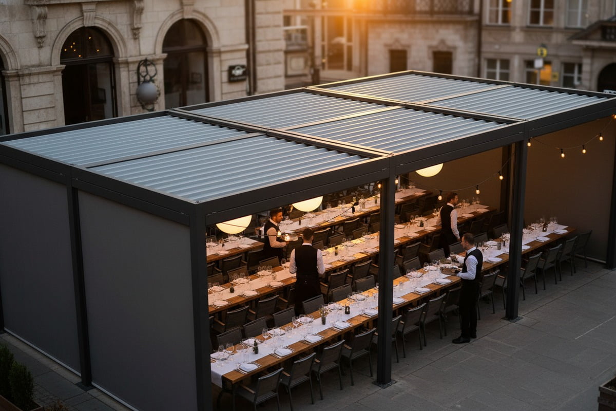 Aluminum pergola sheltering a restaurant patio to increase seating capacity and ROI (ID#2)