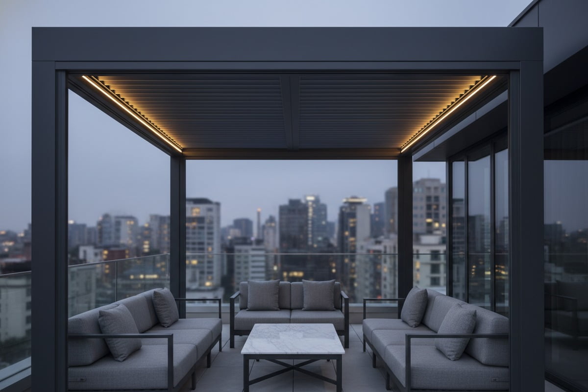 Custom aluminum pergola with LED lighting maintaining a premium hotel guest aesthetic (ID#3)