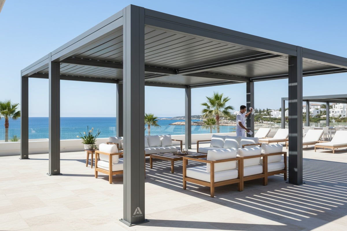 Customized RAL color aluminum pergola matching a unique restaurant layout and brand (ID#4)