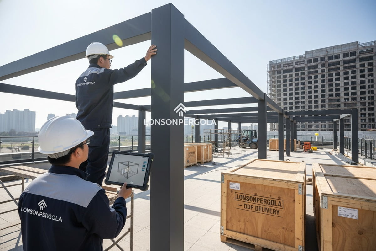 Safety engineered aluminum pergola meeting commercial wind load and structural standards (ID#5)