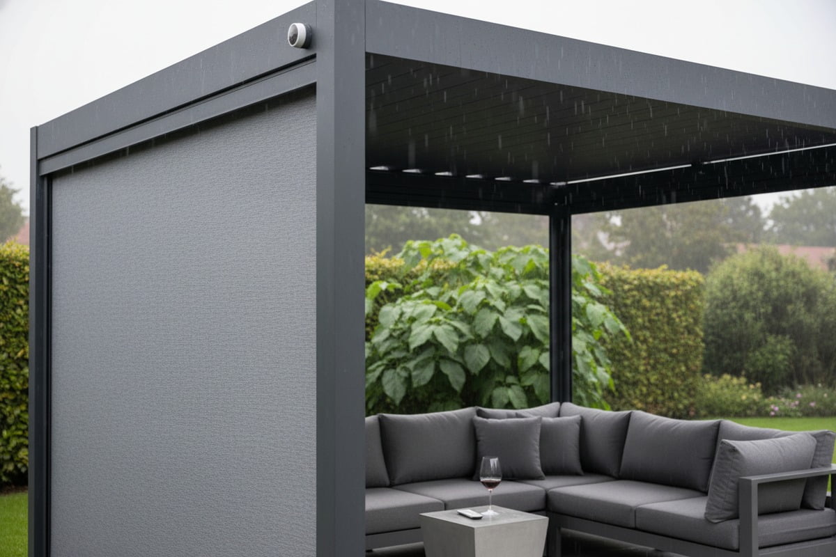 Motorized zip blinds and smart sensors providing weather automation for modern aluminum pergolas (ID#2)