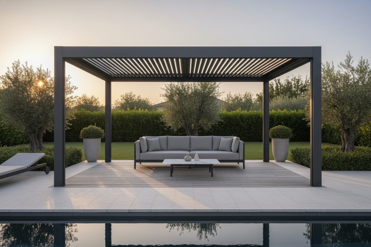 Premium aluminum pergola positioned as a high-end outdoor living product for luxury markets (ID#1)
