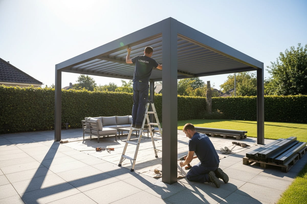 Modern aluminum pergola features designed for simplified contractor installation and efficient assembly. (ID#1)