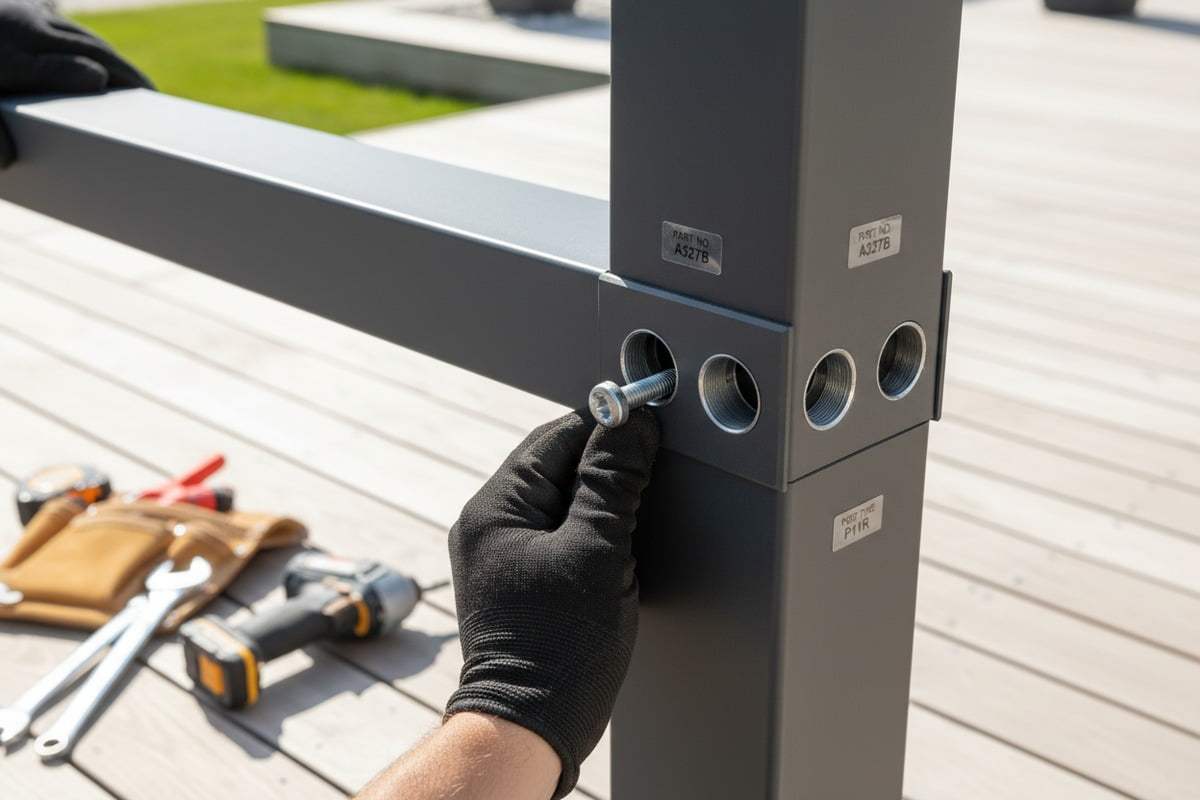 Pre-drilled aluminum pergola components and modular designs reducing on-site assembly time for contractors. (ID#2)